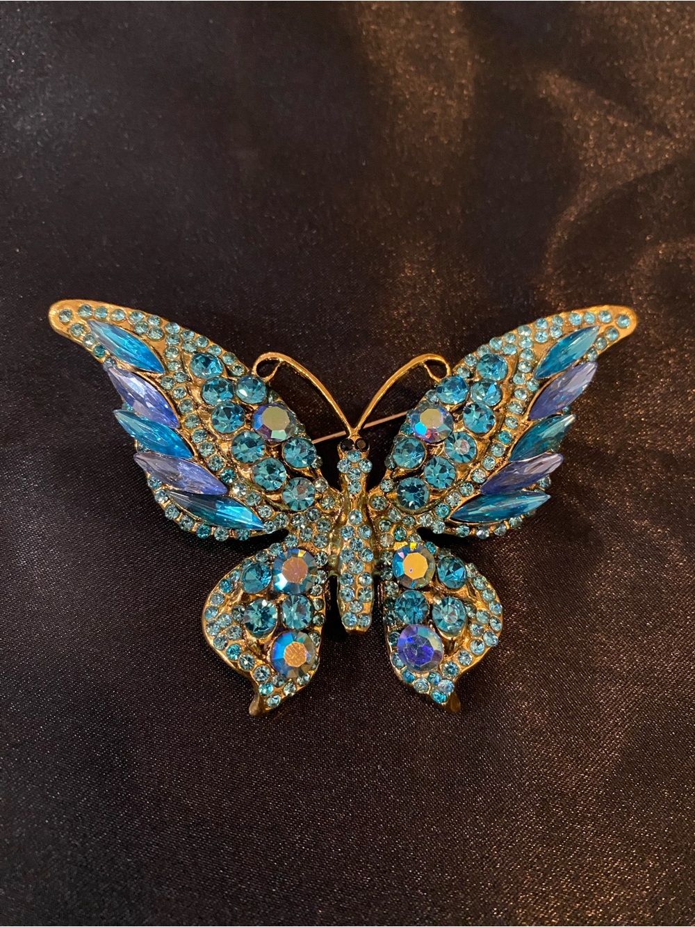 Large Crystal Butterfly Brooch - Blue Rhinestone Accent